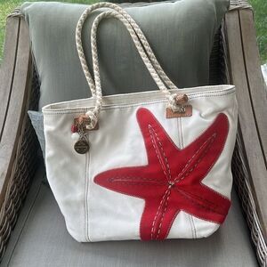 BRIGHTON RARE RED & WHITE STARFISH HARBOR TOTE NAUTICAL SHOULDER BEACH BAG